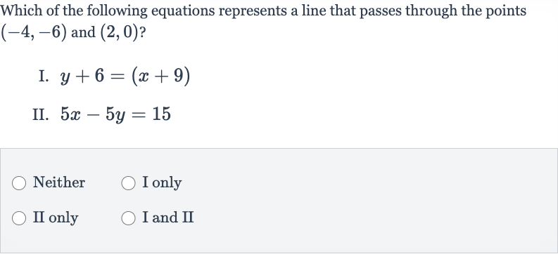 Which of the following equations represents a line that passes through the points 
(-4,-6) and 
(2,0) ?
I. 
y+6=(x+9)
II. 
5x-5y=15
Neither
I only
II only
I and II