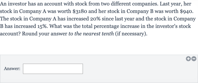 An investor has an account with stock from two different companies. Last year, her stock in Company A was worth 
$3180 and her stock in Company B was worth 
$940. The stock in Company A has increased 20% since last year and the stock in Company 
B has increased 
15%. What was the total percentage increase in the investor's stock account? Round your answer to the nearest tenth (if necessary).
Answer: