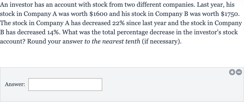 An investor has an account with stock from two different companies. Last year, his stock in Company A was worth 
$1600 and his stock in Company B was worth 
$1750. The stock in Company A has decreased 22% since last year and the stock in Company B has decreased 
14%. What was the total percentage decrease in the investor's stock account? Round your answer to the nearest tenth (if necessary).
Answer:
