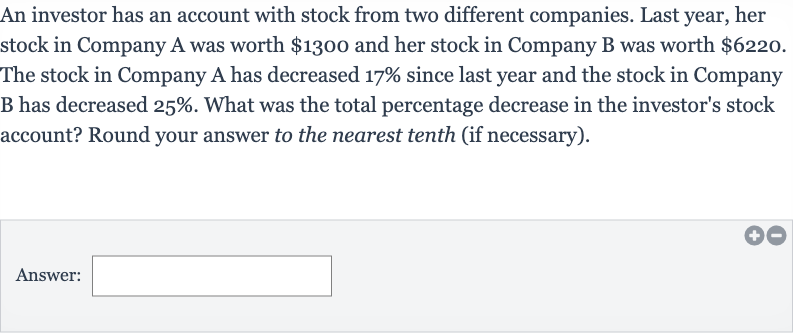 An investor has an account with stock from two different companies. Last year, her stock in Company A was worth 
$1300 and her stock in Company B was worth 
$6220. The stock in Company A has decreased 
17% since last year and the stock in Company B has decreased 
25%. What was the total percentage decrease in the investor's stock account? Round your answer to the nearest tenth (if necessary).
Answer: