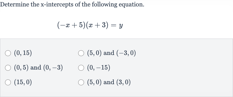 Determine the 
x-intercepts of the following equation.

(-x+5)(x+3)=y

(0,15)

(5,0) and 
(-3,0)

(0,5) and 
(0,-3)

(0,-15)

(15,0)

(5,0) and 
(3,0)