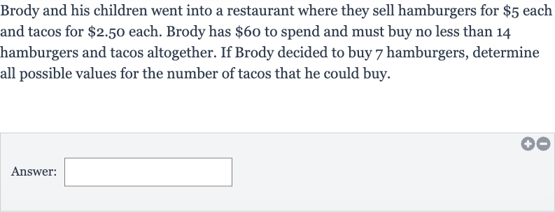 Brody and his children went into a restaurant where they sell hamburgers for 
$5 each and tacos for 
$2.50 each. Brody has 
$60 to spend and must buy no less than 14 hamburgers and tacos altogether. If Brody decided to buy 7 hamburgers, determine all possible values for the number of tacos that he could buy.
Answer: