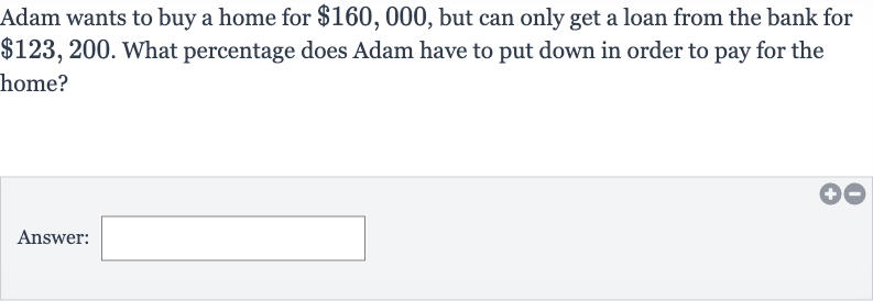 Adam wants to buy a home for 
$160,000, but can only get a loan from the bank for 
$123,200. What percentage does Adam have to put down in order to pay for the home?
Answer: