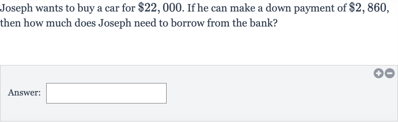Joseph wants to buy a car for 
$22,000. If he can make a down payment of 
$2,860, then how much does Joseph need to borrow from the bank?
Answer: