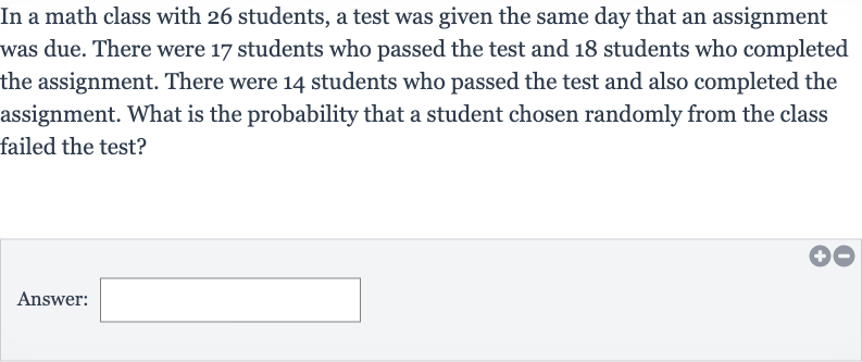 In a math class with 26 students, a test was given the same day that an assignment was due. There were 17 students who passed the test and 18 students who completed the assignment. There were 14 students who passed the test and also completed the assignment. What is the probability that a student chosen randomly from the class failed the test?
Answer: