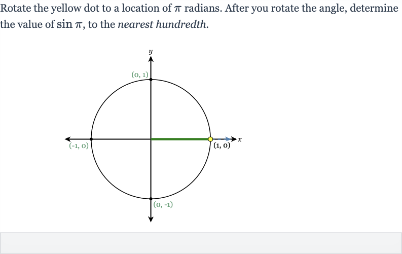 Rotate the yellow dot to a location of 
pi radians. After you rotate the angle, determine the value of 
sin pi, to the nearest hundredth.