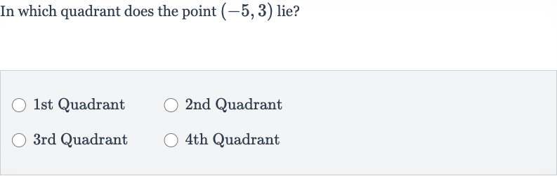 In which quadrant does the point 
(-5,3) lie?
1st Quadrant
2nd Quadrant
3rd Quadrant
4th Quadrant