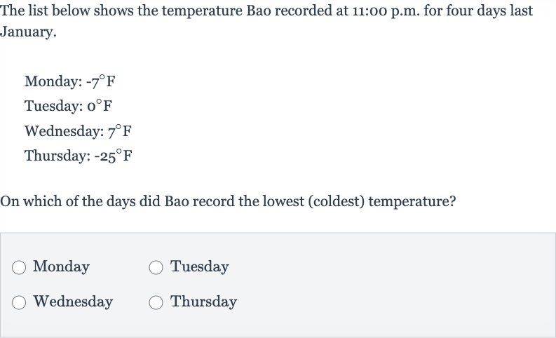 The list below shows the temperature Bao recorded at 11:00 p.m. for four days last January.
Monday: 
-7^(@)F
Tuesday: 
0^(@)F
Wednesday: 
7^(@)F
Thursday: 
-25^(@)F
On which of the days did Bao record the lowest (coldest) temperature?
Monday
Tuesday
Wednesday
Thursday