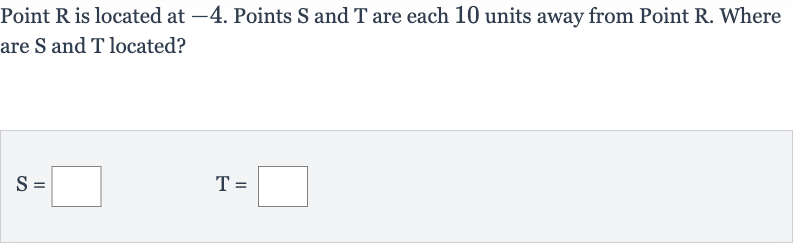 Point 
R is located at -4 . Points 
S and 
T are each 10 units away from Point 
R. Where are 
S and 
T located?

S=◻quadT=◻