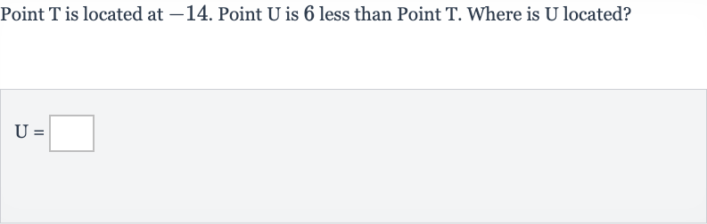 Point 
T is located at -14 . Point 
U is 6 less than Point 
T. Where is 
U located?

U=◻