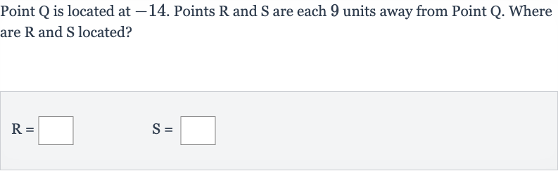 Point 
Q is located at -14 . Points 
R and 
S are each 9 units away from Point 
Q. Where are 
R and 
S located?

R=◻quadS=◻