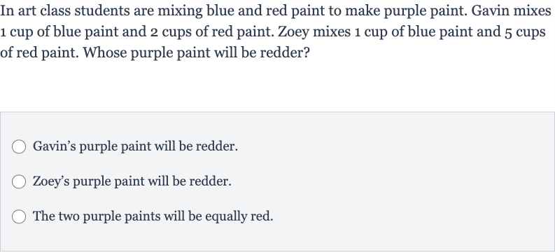 In art class students are mixing blue and red paint to make purple paint. Gavin mixes 1 cup of blue paint and 2 cups of red paint. Zoey mixes 1 cup of blue paint and 5 cups of red paint. Whose purple paint will be redder?
Gavin's purple paint will be redder.
Zoey's purple paint will be redder.
The two purple paints will be equally red.