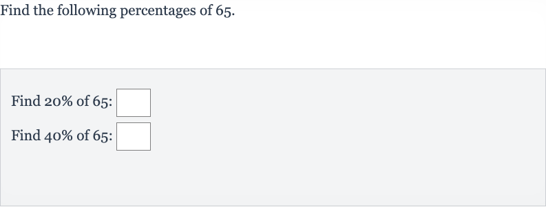 Find the following percentages of 65.
Find 
20% of 65 :
Find 
40% of 65 :