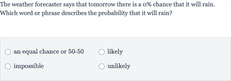 The weather forecaster says that tomorrow there is a 
0% chance that it will rain. Which word or phrase describes the probability that it will rain?
an equal chance or 
50-50
likely
impossible
unlikely