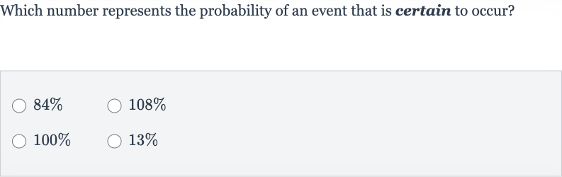 Which number represents the probability of an event that is certain to occur?

84%

108%

100%

13%