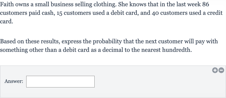 Faith owns a small business selling clothing. She knows that in the last week 86 customers paid cash, 15 customers used a debit card, and 40 customers used a credit card.
Based on these results, express the probability that the next customer will pay with something other than a debit card as a decimal to the nearest hundredth.
Answer: