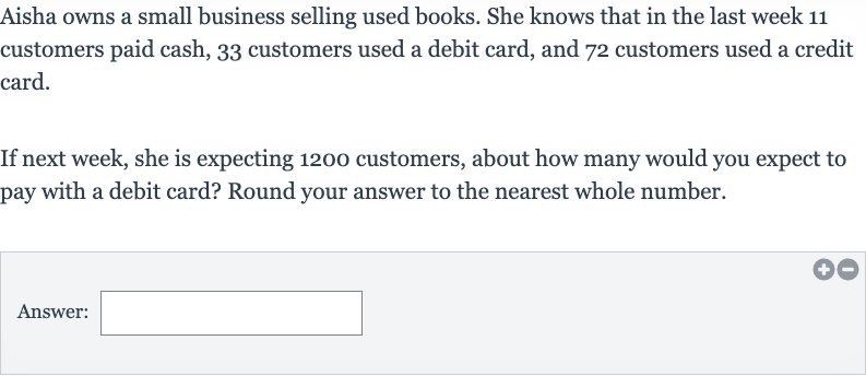 Aisha owns a small business selling used books. She knows that in the last week 11 customers paid cash, 33 customers used a debit card, and 72 customers used a credit card.
If next week, she is expecting 1200 customers, about how many would you expect to pay with a debit card? Round your answer to the nearest whole number.
Answer: