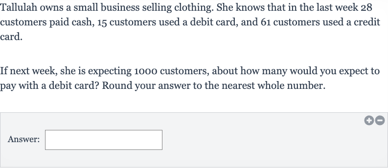 Tallulah owns a small business selling clothing. She knows that in the last week 28 customers paid cash, 15 customers used a debit card, and 61 customers used a credit card.
If next week, she is expecting 1000 customers, about how many would you expect to pay with a debit card? Round your answer to the nearest whole number.
Answer: