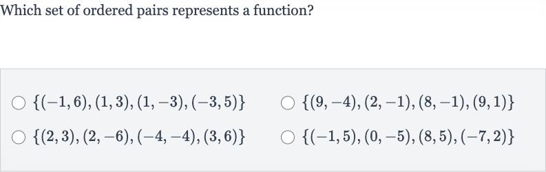 Which set of ordered pairs represents a function?

{(-1,6),(1,3),(1,-3),(-3,5)}

{(9,-4),(2,-1),(8,-1),(9,1)}

{(2,3),(2,-6),(-4,-4),(3,6)}

{(-1,5),(0,-5),(8,5),(-7,2)}
