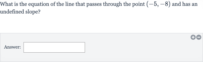 What is the equation of the line that passes through the point 
(-5,-8) and has an undefined slope?
Answer: