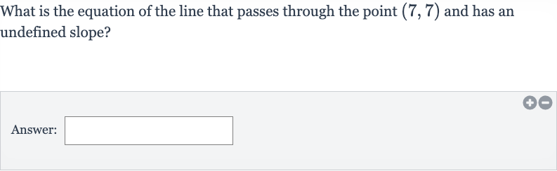 What is the equation of the line that passes through the point 
(7,7) and has an undefined slope?
Answer: