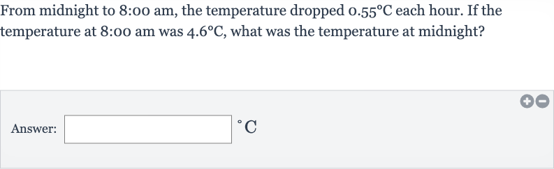 From midnight to 
8:00am, the temperature dropped 
0.55^(@)C each hour. If the temperature at 
8:00 am was 
4.6^(@)C, what was the temperature at midnight?
Answer: 
^(@)C