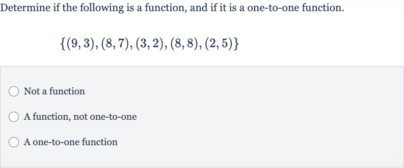 Determine if the following is a function, and if it is a one-to-one function.

{(9,3),(8,7),(3,2),(8,8),(2,5)}
Not a function
A function, not one-to-one
A one-to-one function