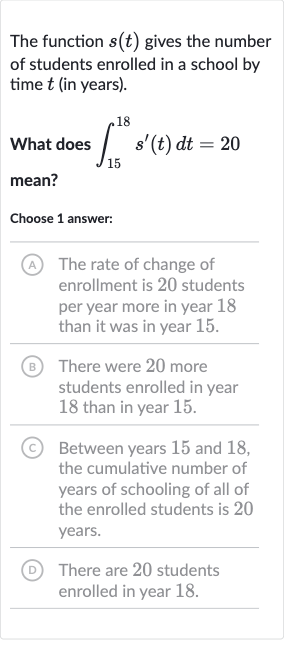 The function 
s(t) gives the number of students enrolled in a school by time 
t (in years).
What does 
int_(15)^(18)s^(')(t)dt=20 mean?
Choose 1 answer:
(A) The rate of change of enrollment is 20 students per year more in year 18 than it was in year 15.
(B) There were 20 more students enrolled in year 18 than in year 15 .
(C) Between years 15 and 18, the cumulative number of years of schooling of all of the enrolled students is 20 years.
(D) There are 20 students enrolled in year 18.