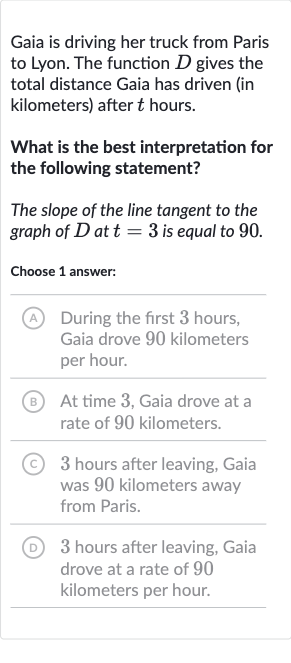 Gaia is driving her truck from Paris to Lyon. The function 
D gives the total distance Gaia has driven (in kilometers) after 
t hours.
What is the best interpretation for the following statement?
The slope of the line tangent to the graph of 
D at 
t=3 is equal to 90 .
Choose 1 answer:
(A) During the first 3 hours, Gaia drove 90 kilometers per hour.
B) At time 3, Gaia drove at a rate of 90 kilometers.
(C) 3 hours after leaving, Gaia was 90 kilometers away from Paris.
(D) 3 hours after leaving, Gaia drove at a rate of 90 kilometers per hour.