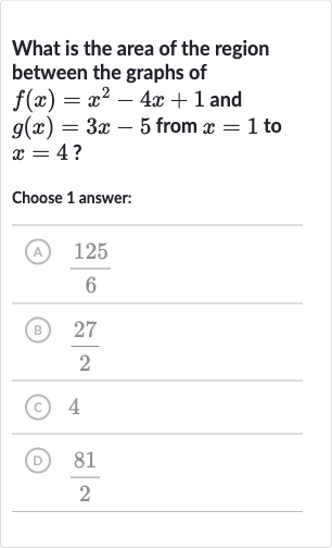 What is the area of the region between the graphs of 
f(x)=x^(2)-4x+1 and 
g(x)=3x-5 from 
x=1 to 
x=4 ?
Choose 1 answer:
(A) 
(125)/(6)
(B) 
(27)/(2)
(C) 4
(D) 
(81)/(2)