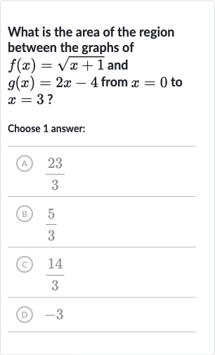 What is the area of the region between the graphs of 
f(x)=sqrt(x+1) and 
g(x)=2x-4 from 
x=0 to 
x=3 ?
Choose 1 answer:
(A) 
(23)/(3)
(B) 
(5)/(3)
(C) 
(14)/(3)
(D) -3