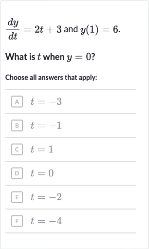 (dy)/(dt)=2t+3" and "y(1)=6
What is 
t when 
y=0 ?
Choose all answers that apply:
A 
t=-3
B 
t=-1
c 
t=1
D 
t=0
ㅌ 
t=-2
F 
t=-4