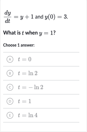 (dy)/(dt)=y+1" and "y(0)=3". "
What is 
t when 
y=1 ?
Choose 1 answer:
(A) 
t=0
(B) 
t=ln 2
(C) 
t=-ln 2
(D) 
t=1
(E) 
t=ln 4