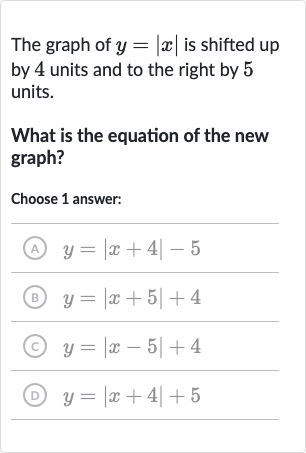 The graph of 
y=|x| is shifted up by 4 units and to the right by 5 units.
What is the equation of the new graph?
Choose 1 answer:
(A) 
y=|x+4|-5
(B) 
y=|x+5|+4
(C) 
y=|x-5|+4
(D) 
y=|x+4|+5