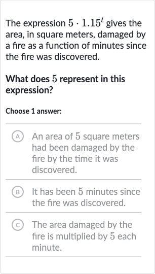 The expression 
5*1.15^(t) gives the area, in square meters, damaged by a fire as a function of minutes since the fire was discovered.
What does 5 represent in this expression?
Choose 1 answer:
(A) An area of 5 square meters had been damaged by the fire by the time it was discovered.
(B) It has been 5 minutes since the fire was discovered.
(C) The area damaged by the fire is multiplied by 5 each minute.
