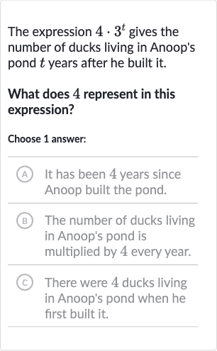 The expression 
4*3^(t) gives the number of ducks living in Anoop's pond 
t years after he built it.
What does 4 represent in this expression?
Choose 1 answer:
(A) It has been 4 years since Anoop built the pond.
(B) The number of ducks living in Anoop's pond is multiplied by 4 every year.
(c) There were 4 ducks living in Anoop's pond when he first built it.