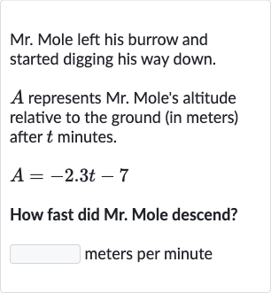Mr. Mole left his burrow and started digging his way down.

A represents Mr. Mole's altitude relative to the ground (in meters) after 
t minutes.

A=-2.3 t-7
How fast did Mr. Mole descend?
meters per minute