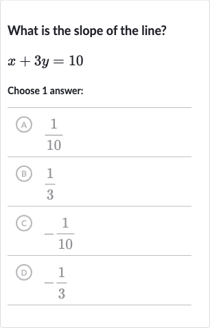 What is the slope of the line?

x+3y=10
Choose 1 answer:
(A) 
(1)/(10)
(B) 
(1)/(3)
(C) 
-(1)/(10)
(D) 
-(1)/(3)