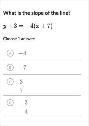 What is the slope of the line?

y+3=-4(x+7)
Choose 1 answer:
(A) -4
(B) -7
(C) 
(3)/(7)
(D) 
-(3)/(4)