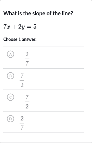 What is the slope of the line?

7x+2y=5
Choose 1 answer:
(A) 
-(2)/(7)
(B) 
(7)/(2)
(c) 
-(7)/(2)
(D) 
(2)/(7)