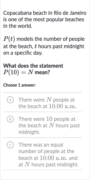 Copacabana beach in Rio de Janeiro is one of the most popular beaches in the world.

P(t) models the number of people at the beach, 
t hours past midnight on a specific day.
What does the statement 
P(10)=N mean?
Choose 1 answer:
(A) There were 
N people at the beach at 10:00 a.m.
(B) There were 10 people at the beach at 
N hours past midnight.
(c) There was an equal number of people at the beach at 10:00 a.m. and at 
N hours past midnight.