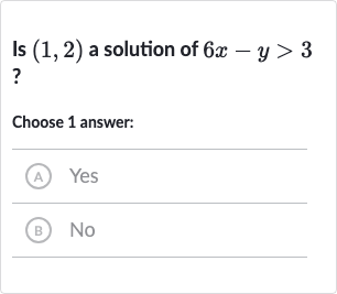 Is 
(1,2) a solution of 
6x-y > 3 ?
Choose 1 answer:
(A) Yes
(B) No