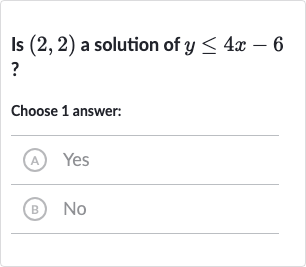 Is 
(2,2) a solution of 
y <= 4x-6 ?
Choose 1 answer:
(A) Yes
(B) No