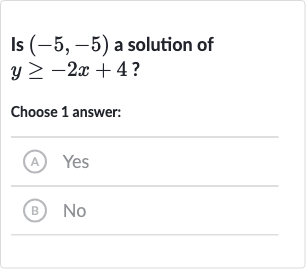 Is 
(-5,-5) a solution of 
y >= -2x+4 ?
Choose 1 answer:
(A) Yes
(B) 
No
