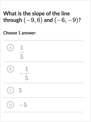 What is the slope of the line through 
(-9,6) and 
(-6,-9) ?
Choose 1 answer:
(A) 
(1)/(5)
(B) 
-(1)/(5)
(c) 5
(D) -5