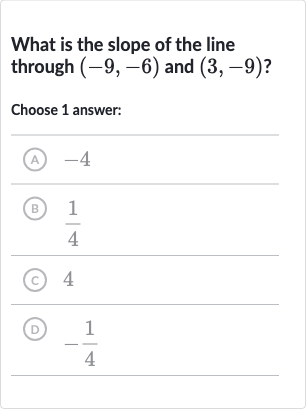 What is the slope of the line through 
(-9,-6) and 
(3,-9) ?
Choose 1 answer:
(A) -4
(B) 
(1)/(4)
(c) 4
(D) 
-(1)/(4)