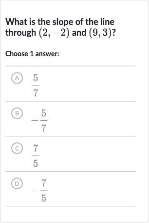 What is the slope of the line through 
(2,-2) and 
(9,3) ?
Choose 1 answer:
(A) 
(5)/(7)
(B) 
-(5)/(7)
(C) 
(7)/(5)
(D) 
-(7)/(5)
