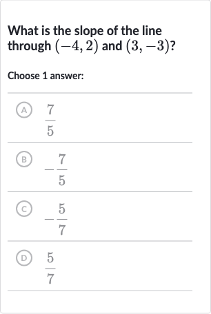 What is the slope of the line through 
(-4,2) and 
(3,-3) ?
Choose 1 answer:
(A) 
(7)/(5)
(B) 
-(7)/(5)
(c) 
-(5)/(7)
(D) 
(5)/(7)