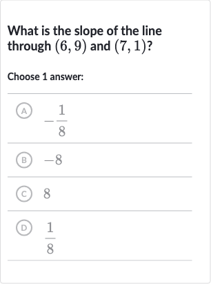 What is the slope of the line through 
(6,9) and 
(7,1) ?
Choose 1 answer:
(A) 
-(1)/(8)
(B) -8
(C) 8
(D) 
(1)/(8)
