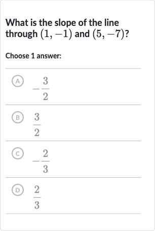What is the slope of the line through 
(1,-1) and 
(5,-7) ?
Choose 1 answer:
(A) 
-(3)/(2)
(B) 
(3)/(2)
(c) 
-(2)/(3)
(D) 
(2)/(3)